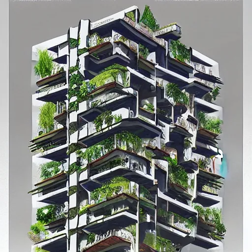 Image similar to “the hanging gardens of Babylon mixed with an m. C. Escher sketch, architectural design, residential apartment tower”