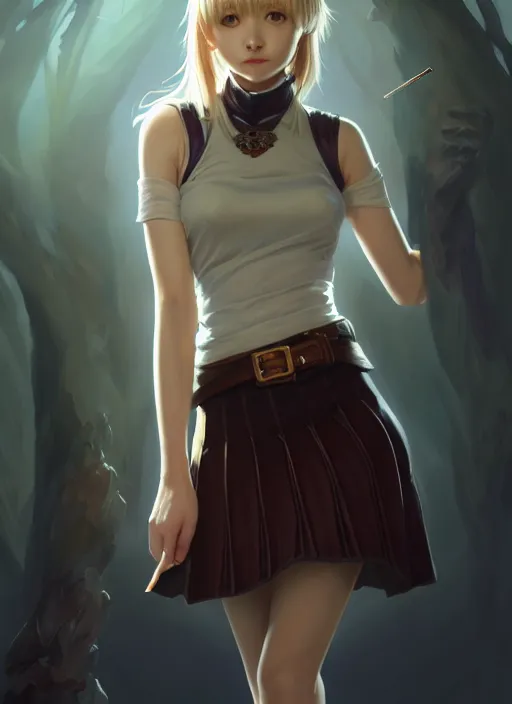 Image similar to portrait of a full body of beautiful young female detective, d & d, sleeveless turtleneck, pleated skirt, fantasy, flat lighting, intricate, highly detailed, digital painting, artstation, concept art, smooth, sharp focus, illustration, misa amane, art by simon bisley and greg rutkowski and alphonse mucha, natural tpose