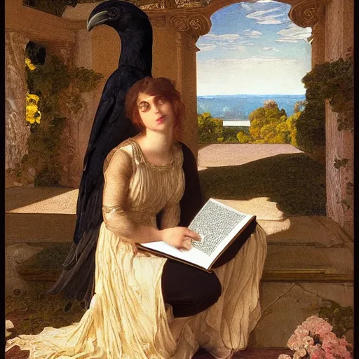 Image similar to beautifully detailed portrait of a detailed raven looking at a book laid out on a golden silk cloth, in a serene beautiful stone arched garden at beautiful sunrise by frederic leighton and by rosetti and sidney cooper, 4 k, artstation