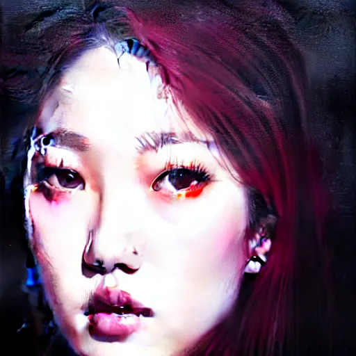 Image similar to roseanne park of blackpink, hyperrealistic portrait, bladerunner street, by karol bak and agnes cecile, fantasy art, photo realistic, dynamic lighting, artstation, poster, volumetric lighting, very detailed face, intricate complexity, rule of thirds, 8 k, award winning