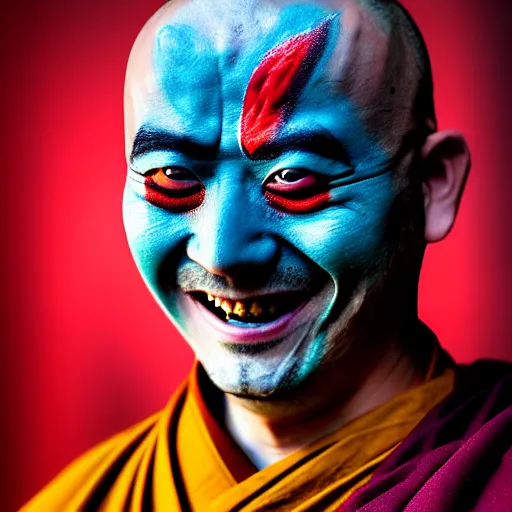 Image similar to photorealistic portrait photograph of a crazy buddhist monk with painted face as in peking opera and rastafarian rainbor color hair with spikes and rings in pierced face ears and nose like punks