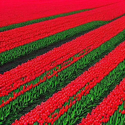 Prompt: nature photograph of a vast tulip field with a bald 20 year old man with a brown beard walking through. national geographic.