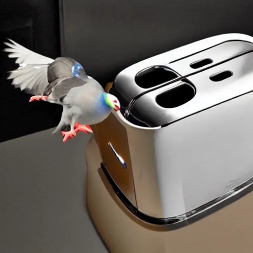 Image similar to toaster with the head of a pigeon stuck to the front of it