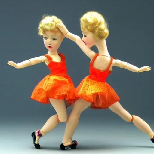 Image similar to two dolls dancing tango, realistic, hd