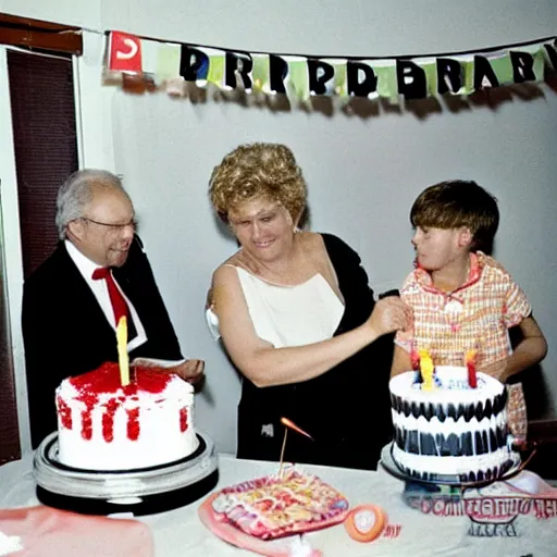 Prompt: kid cutting cake on his 1 0 th birthday with his mother and father, party decoration in background, photo from 1 9 8 7 n - 9