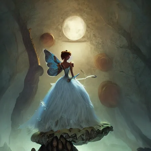 Image similar to The tooth fairy wearing a ball gown, moonlight, 8k resolution matte fantasy painting, cinematic lighting, DeviantArt, Artstation, Jason Felix Steve Argyle Tyler Jacobson Peter Mohrbacher