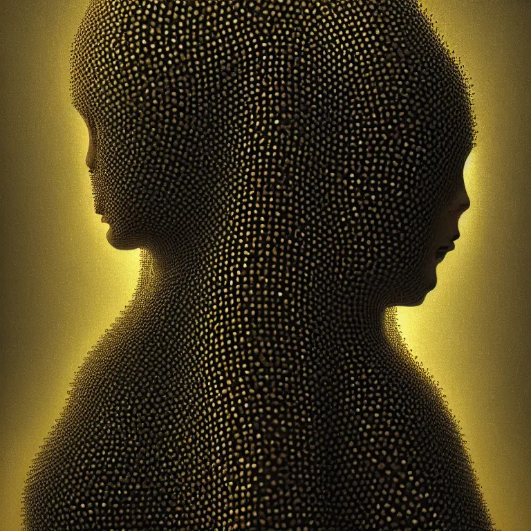 Image similar to symmetrical portrait painting of ribbed woman covered with metallic ribbed tubes by hieronymus bosch, lucid dream - like heavy atmosphere, baroque painting, perfect composition, detailed octane render trending on artstation, 8 k artistic photography, volumetric cinematic perfect light, chiaroscuro, masterpiece, raphael, caravaggio, beksinski, rutkowski, beeple