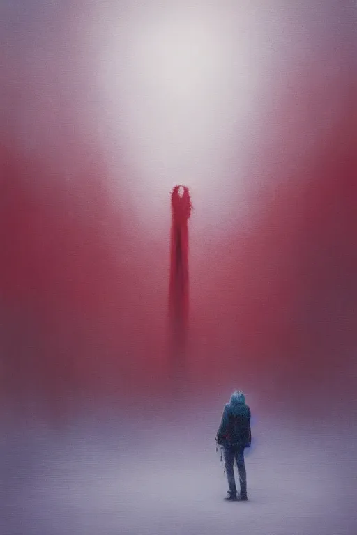 Image similar to a painting of a person standing in the snow, blizzard, a surrealist painting by zdzisław beksinski and by alena aenami, deviantart, nuclear art, dystopian art, apocalypse landscape, red color scheme, surrealist