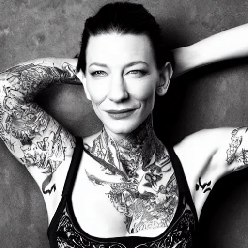 Image similar to full body tattooed cate blanchett,latino, highly detailed, photorealistic, 4k