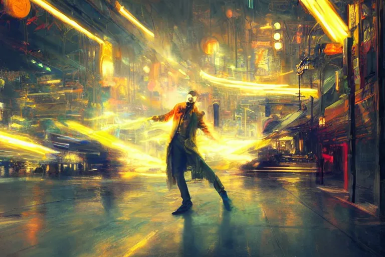 Image similar to magical sorcerer dances with bolts of electricity, digital art, intricate, dramatic lighting, neon colors, cinematic, art by ruan jia