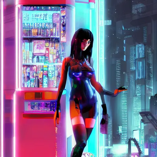 Image similar to extremely detailed realistic render of a cyberpunk girl i spired by ghost in the shell in front of a neon vending machine by James Jean and craig mullins, ArtStation, CGSociety