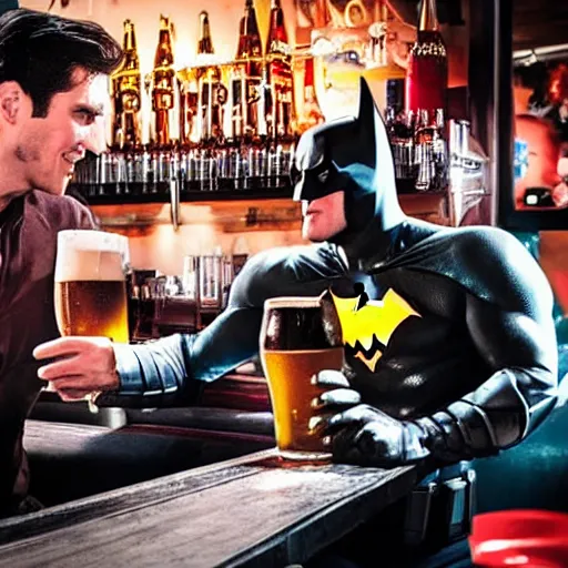batman drinking beer with superman in a bar, | Stable Diffusion | OpenArt
