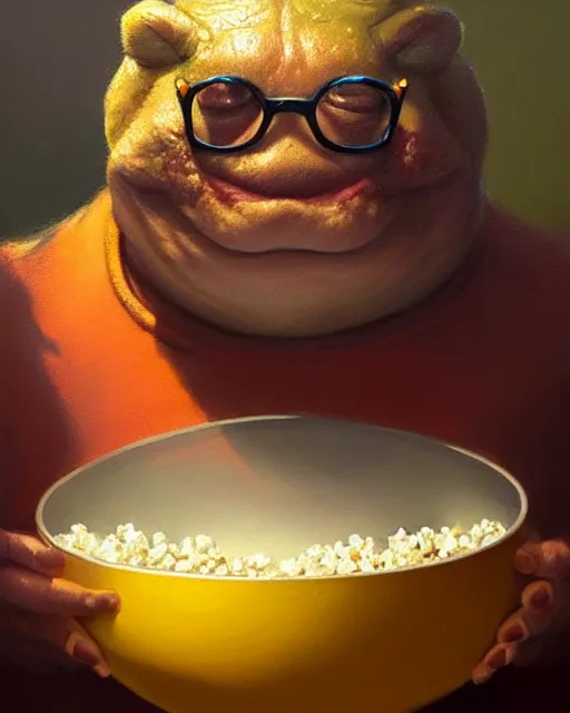 Prompt: hyper realistic oil painting of a fat toad wearing anachrome! glasses, popcorn pot, vibrant colors, high contrast, by greg rutkowski and denis villeneuve, trending on artstation