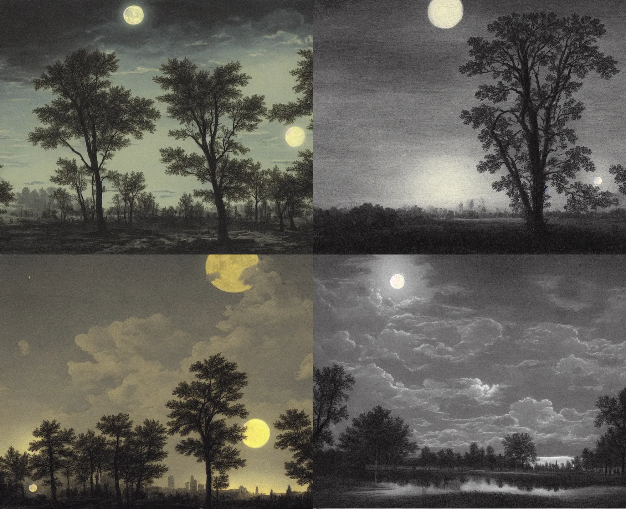Prompt: a distant city, trees, night, full moon, clouds, chiaoscuro, illustration by currier & ives