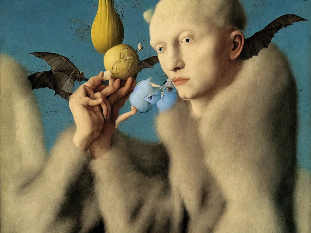 Prompt: Portrait of albino mystic with blue eyes, with beautiful exotic white fluffy bat, long antennae, giant ears. Night, fireflies. Painting by Jan van Eyck, Audubon, Rene Magritte, Agnes Pelton, Max Ernst, Walton Ford