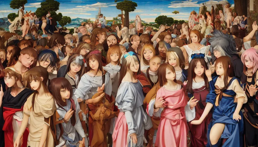 Image similar to jesus christ surrounded by cute anime girls, photorealistic, anime, mini skirt, neko, cat ears, renaissance painting, hyper real, detailed, wide angle shot, ultra detailed