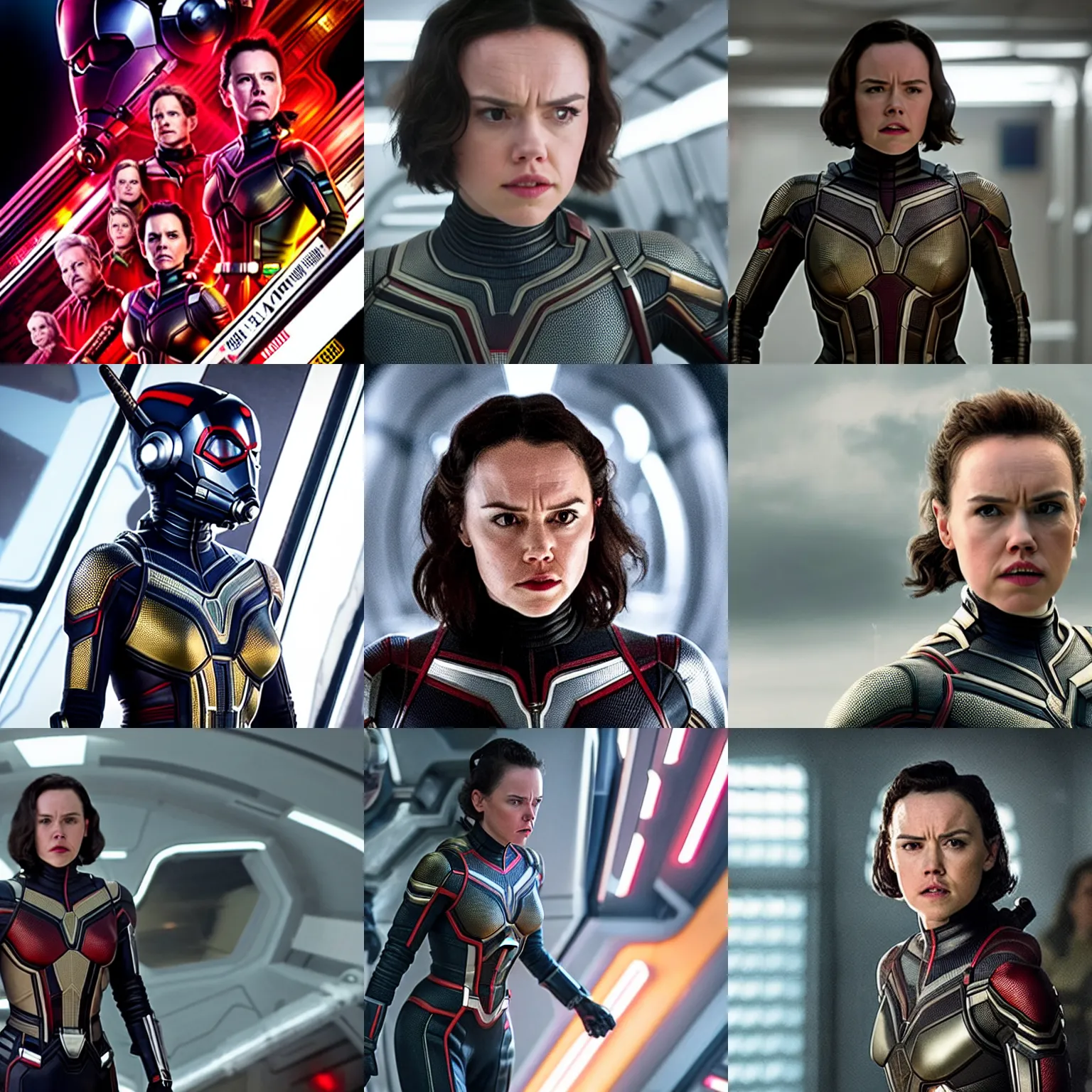 Prompt: Daisy Ridley as Wasp, long hair, film still from 'Ant-Man and the Wasp'