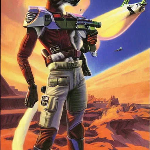 Prompt: a portrait of fox mccloud holding a blaster, suspenseful, heroic, anthropomorphic furry art, star fox, by peter elson and greg hildebrandt