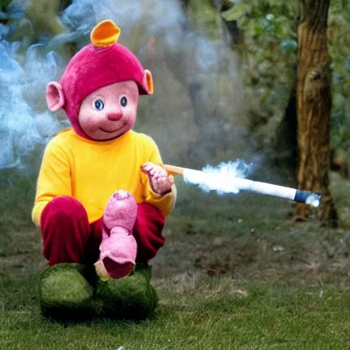 Image similar to a teletubbie smoking a cigarette