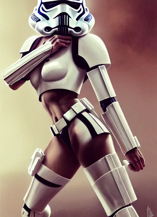 Prompt: [ female ] kneeling! [ supermodel ]! [ white bikini ] and [ stormtrooper - helmet ], [ lascivious sexy pose ], reflections, elegant, cinematic, highly detailed, sharp focus, in the style of rossdraws, artgerm, donato giancola, nekro borja, boris vallejo