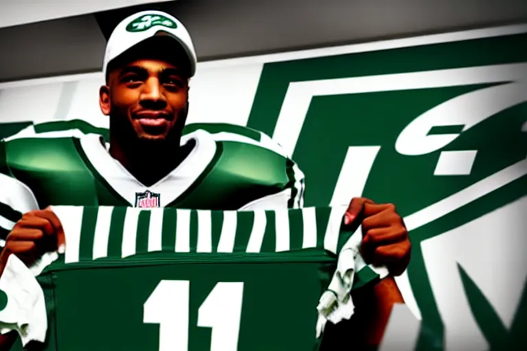 Image similar to a photograph of a football player wearing a new york jets jersey holding the lombardi trophy, stock footage