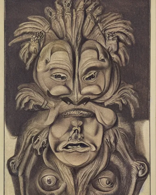 Image similar to a creature with four heads. one human head, second eagle head, third lion head, fourth ox head. drawn by francis bacon