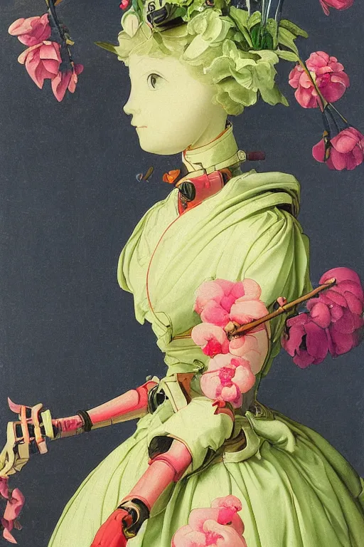 Prompt: a elegant anime robot with fluo color detail, and muted arm colors, that looks like a insect, on top of dutch master painting of flowers