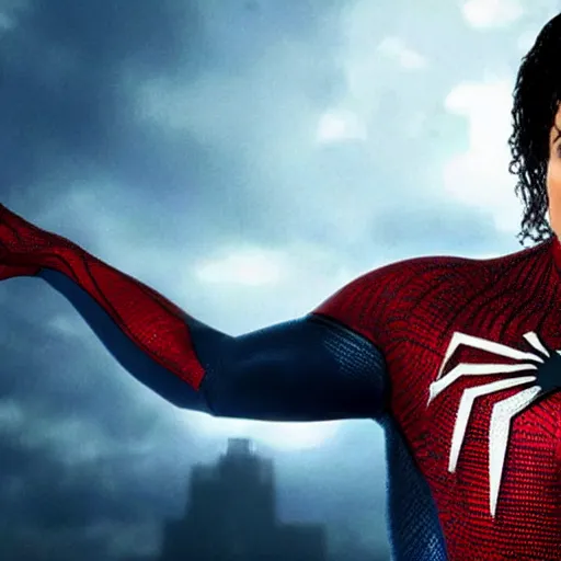 Image similar to Michael Jackson as spiderman, 4K action packed movie with lots of Unreal Engine realistic 2022 graphics