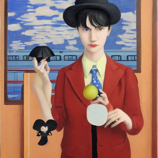 Image similar to tall emo girl artist holding small portraits and a persimmon on a train, on shinkansen in tokyo, shinagawa station, pigs, octopus, acrylic on canvas, surrealist, by magritte and monet