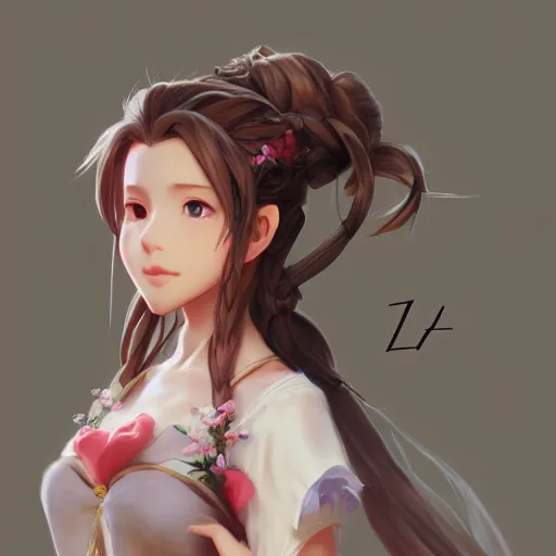 Prompt: concept art of aerith gainsborough by WLOP, rossdraws, Logan Cure, Mingchen Shen, BangkuART, sakimichan, yan gisuka, JeonSeok Lee, zeronis, Chengwei Pan on artstation