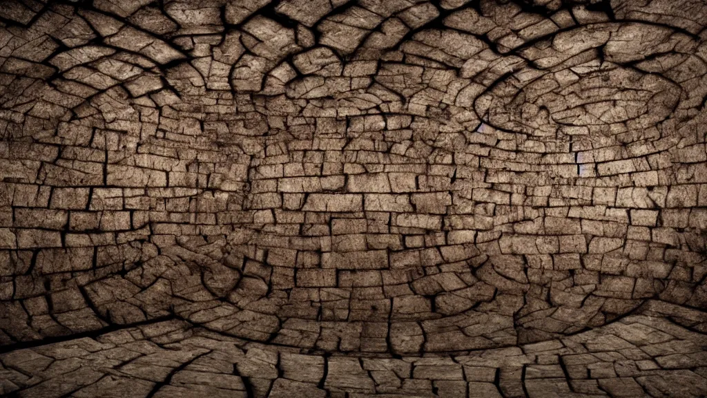 Prompt: The inside of a labyrinth, the walls are made out of a dark brown stone, dark atmosphere