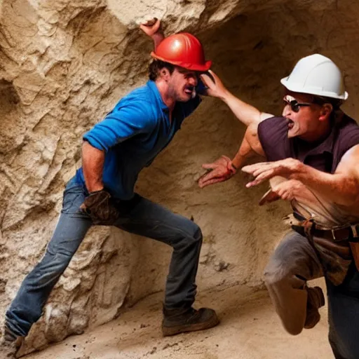 Image similar to indiana jones running away from a construction worker in a cave