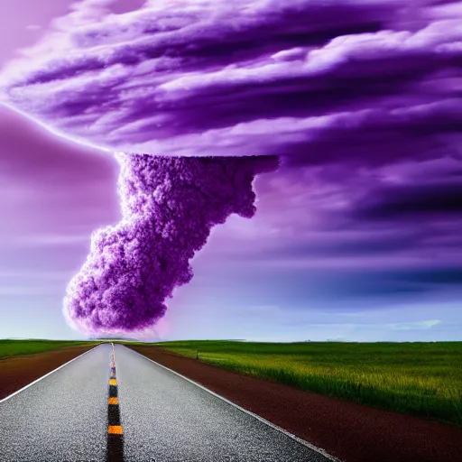 Prompt: purple mushroom cloud, white minivan driving down road, realism, 4k, photograph