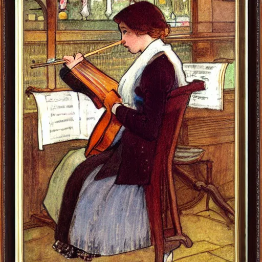 Image similar to A young edwardian woman playing a violin inside a church, in the style of carl larsson