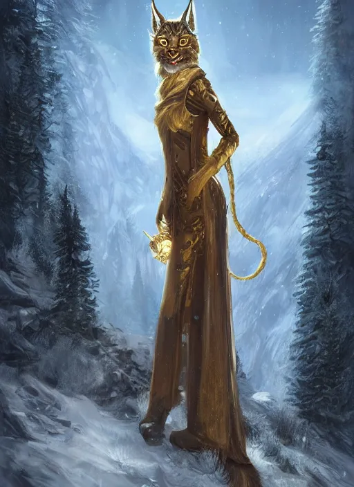 Image similar to lynx holding a golden intricately decorated shiny scepter, night, spruce trees on the sides, mountains in the background, eerie dark atmosphere, moonlit, back light, fantasy art by charlie bowater and yoshitaka amano, trending on artstation