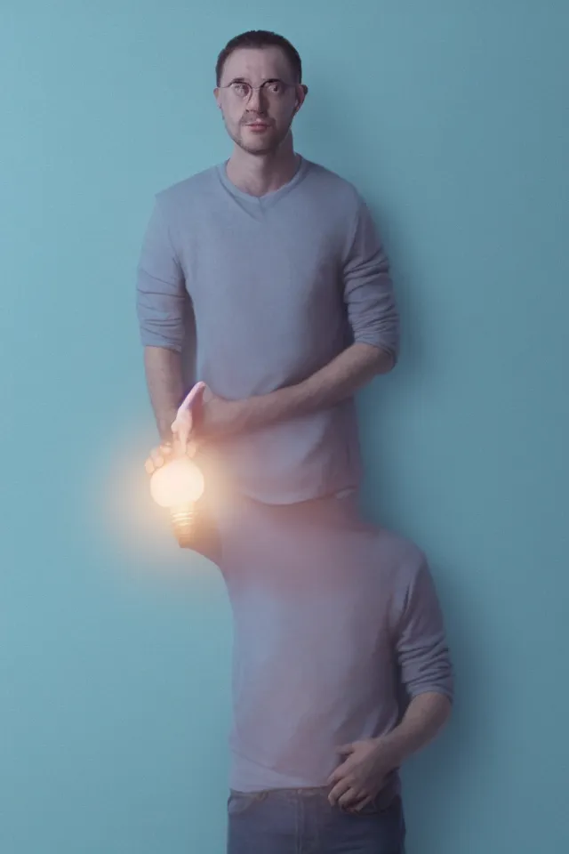 Prompt: a portrait of a man who has a light bulb instead of a head, photorealistic, detailed, in the background a cyan wall , octane render, hyper realistic