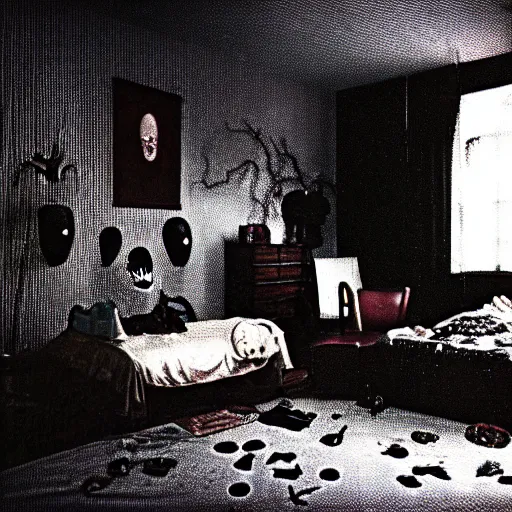 Image similar to beautifully ominous creepy sleep paralysis demon haunting inside 1 9 8 0's teeanger cluttered bedroom. weirdcore, liminal, backrooms aesthetic