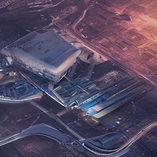 Image similar to Kazimierz Malewicz sci-fi motherboard airport view from above structure and digital billboard point cloud in the middle, unreal engine 5, keyshot, octane, artstation trending, ultra high detail, ultra realistic, cinematic, 8k, 16k, in style of zaha hadid, in style of nanospace, in plastic, dark, tilt shift,