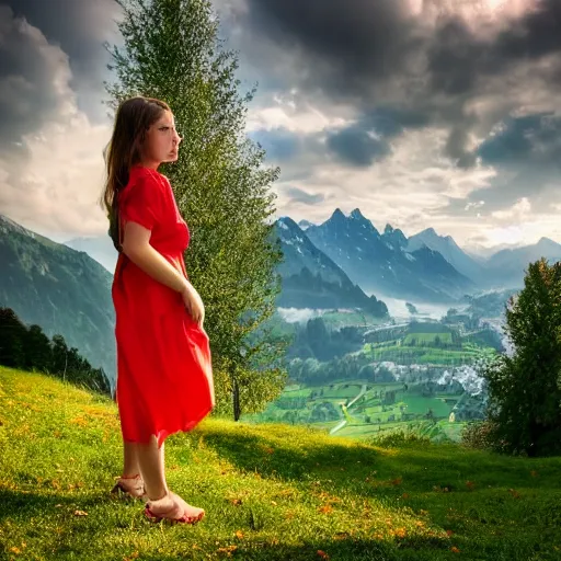 Image similar to a beautiful photograph of a girl with switzerland landscape in the background with trees, hdr, 8 k, high quality, sharp focus, artstation, highly detailed, award - winning, dramatic lighting, beautiful clouds, and nature, digital art