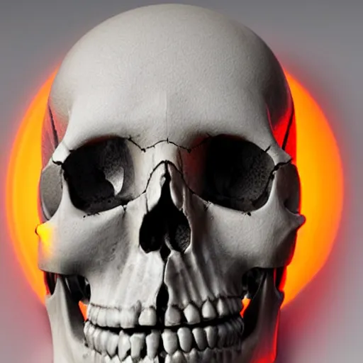 Image similar to real human skull with robotic circular orange light electronic eyes in eye sockets