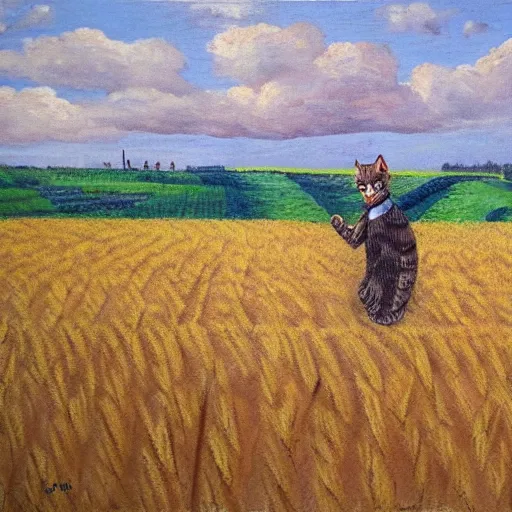 Image similar to cat farmer, walking in the wheat field, nature landscape on the background, sharp deep, oil art