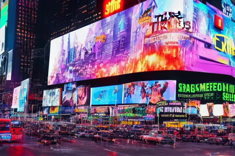 Prompt: photo of a billboard on times square, screen shows band name is tripmachine, realistic digital art, on the screen is a 3 d render of a huge futuristic steampunk generator, 8 k, fluorescent colors, halluzinogenic, multicolored, exaggerated detailed, unreal engine