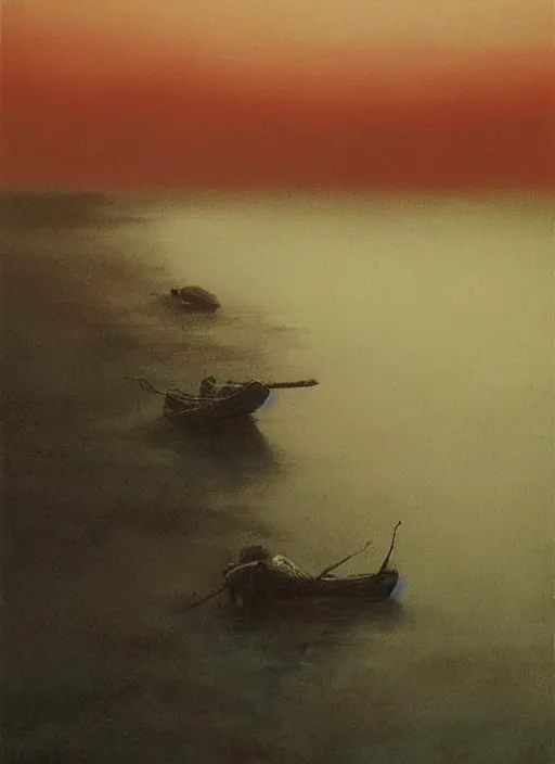 Prompt: dead river, dead fish, poland, red color, highly detailed, 8 k, artstation, beutifull, masterpiece by beksinski