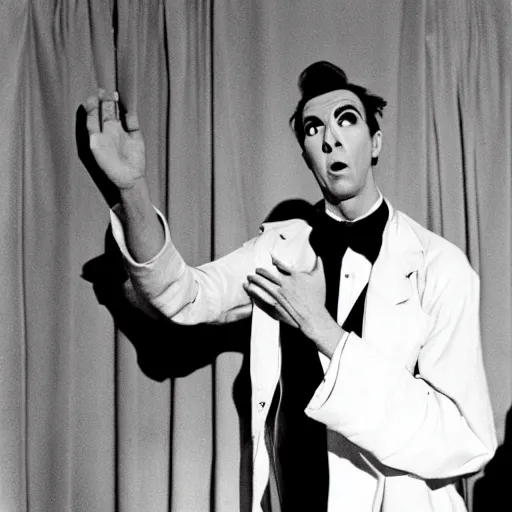 Image similar to scene from the horror picture show with james stewart!!!! james stewart!!!! is acting surprised