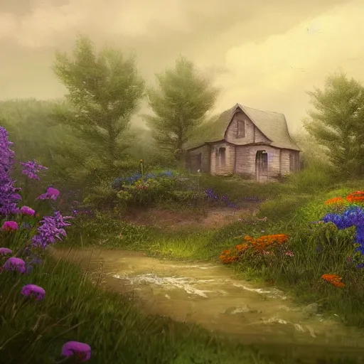 Image similar to a matte painting of a prairie, cottage close up, river, overgrown, patchy flowers, oil painting, pale colors, high detail, 8 k, wide angle, trending on artstation,