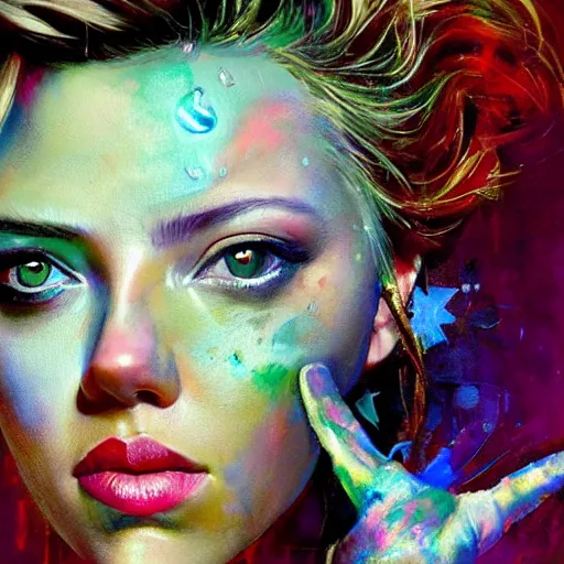 Image similar to beautiful painting of drunken scarlett johansson as delirium from sandman, one green eye and one blue eye, ( hallucinating colorful soap bubbles ), by jeremy mann, by sandra chevrier, by dave mckean and richard avedon and maciej kuciara, 1 9 8 0's, punk rock, tank girl, high detailed, 8 k