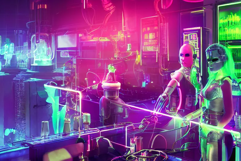 Prompt: cyberpunk nightclub, girls and female robots drinking radioactive glowing drinks from scientific glassware, electrical wires and electrical sparks, computer chips