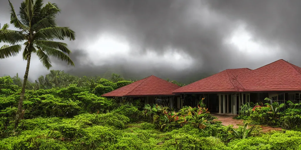 Prompt: a Hawaiian villa in the middle of an tropical forest, ominous Sky, gloomy atmosphere, cinematic, mist, High definition, 8k, ultra detailed