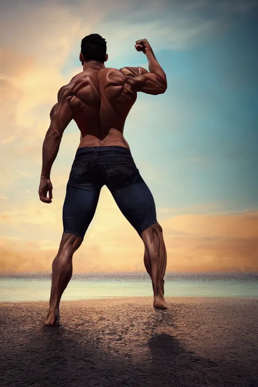 Image similar to a very muscular and defined man wearing ripped pants and shirt looking to the sea at sunset, godrays, complementary colors, natural lighting, portait image, path tracing, serene landscape, high quality, highly detailed, 8K, soft colors, warm colors, turbulent sea, high coherence, anatomically correct, hyperrealistic, concept art, defined face, five fingers