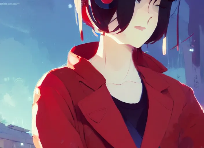 Prompt: a stylish woman in a red jacket and sneakers laying on the ground, illustration concept art anime key visual trending pixiv fanbox by wlop and greg rutkowski and makoto shinkai and studio ghibli and kyoto animation, grimdark, symmetrical facial features, dieselpunk, backlit